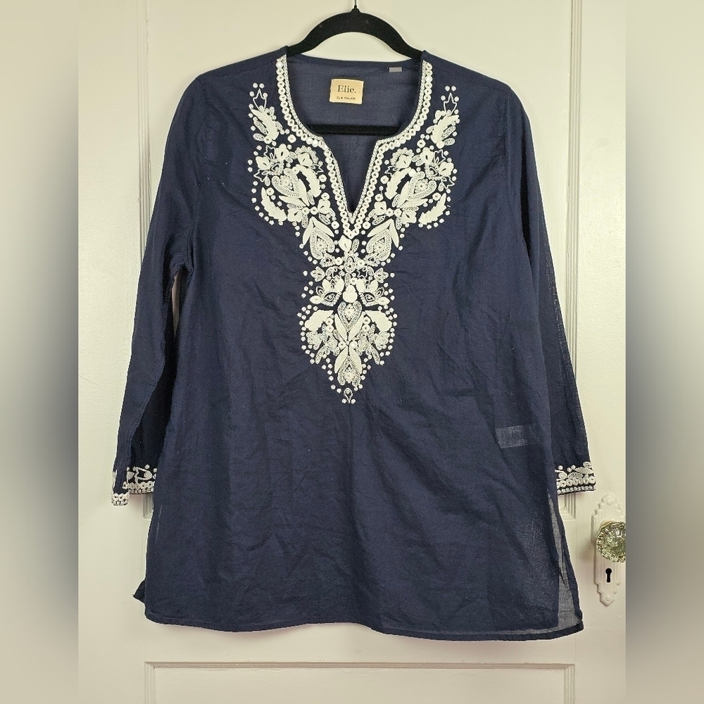 Elie Tahari Blue Boho Embroidered Blouse Small